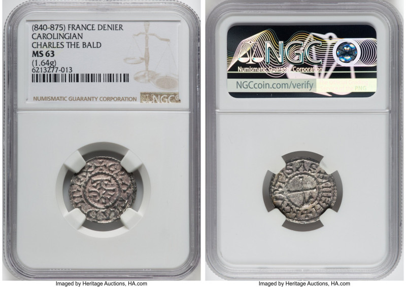 Carolingian. Charles the Bald Denier ND (840-875) MS63 NGC, Courcessin mint, Rob...