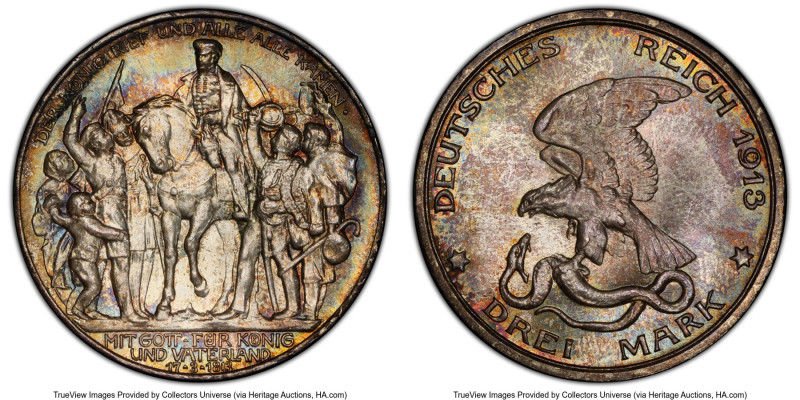 Prussia. Wilhelm II "Napoleon's Defeat" 3 Mark 1913-A MS66 PCGS, Berlin mint, KM...