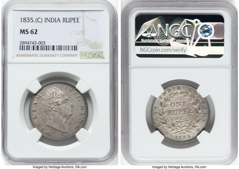 British India. William IV Rupee 1835-(c) MS62 NGC, Calcutta mint, KM450.4. Thick...