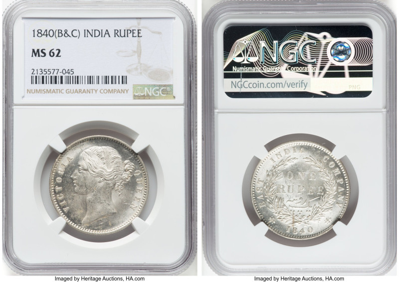 British India. Victoria Rupee 1840-(b & c) MS62 NGC, Bombay & Calcutta mint, KM4...