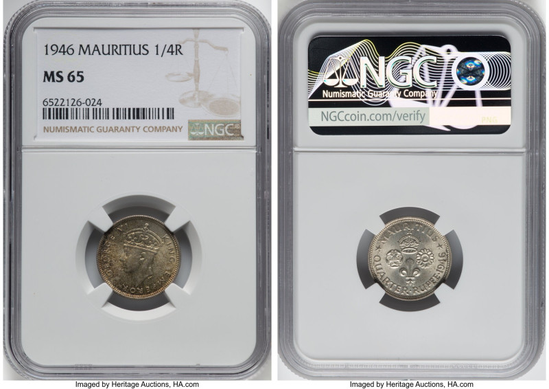 British Colony. George VI 1/4 Rupee 1946 MS65 NGC, London mint, KM18a. One year ...