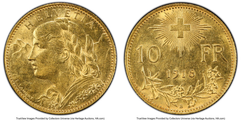 Confederation gold 10 Francs 1915-B MS62 PCGS, Bern mint, KM36. HID09801242017 ©...