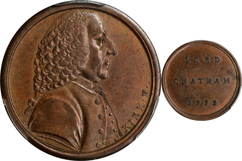 1773 William Pitt, Lord Chatham Medal. Betts-522, BHM-175. Copper. AU-58 (PCGS)....