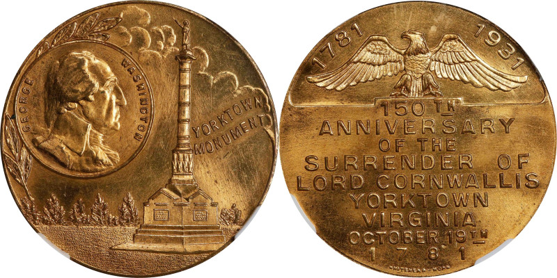 1931 Surrender of Cornwallis Sesquicentennial Medal. Baker-Unlisted. Gilt. MS-64...