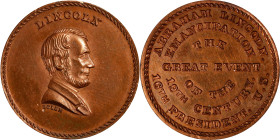 Undated (ca. 1867) Lincoln / Emancipation Medal. By John Adams Bolen. Musante JAB-28, Cunningham 29-120C, King-237. Copper. Mint State, Cleaned, Edge ...