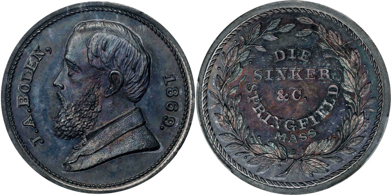 1869 J.A. Bolen Store Card. Musante JAB-35, Rulau Ma-Sp 50. Silvered White Metal...