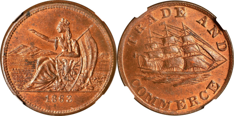 1863 Seated Goddess / Sailing Ship. Fuld-258/446 a. Rarity-3. Copper. Plain Edge...