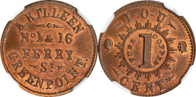 New York--Greenpoint. Undated (1861-1865) A. Killeen. Fuld-330A-6a, Musante GW-598, Baker-552F. Rarity-8. Copper. Plain Edge. MS-64 RB (NGC).

19 mm...