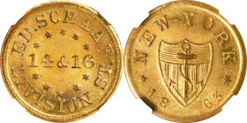 New York--New York. 1863 Edward Schaaf. Fuld-630BK-1b. Rarity-5. Brass. Plain Edge. Unc Details--Bent (NGC).

19 mm.