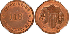 New York--New York. 1863 Rudolph Staudinger, Staudinger's. Fuld-630BS-2a. Rarity-1. Copper. Plain Edge. MS-65 RB (NGC).

19 mm.