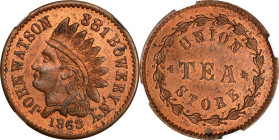 New York--New York. 1863 John Watson, Union Tea Store. Fuld-630CE-1a. Rarity-4. Copper. Plain Edge. MS-64 RB (NGC).

19 mm.