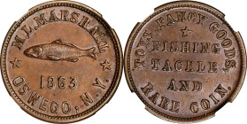 New York--Oswego. 1863 Morgan L. Marshall. Fuld-695A-2a. Rarity-1. Copper. Plain Edge. MS-63 BN (NGC).

19 mm.