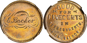 Ohio--Findlay. Undated (1861-1865) Ernest Bacher, Union Saloon. Fuld-300aA-1b. Rarity-8. Brass. Plain Edge. MS-63 (NGC).

19 mm.