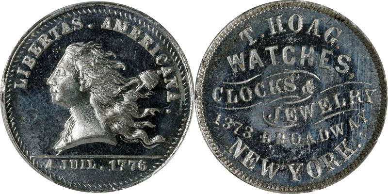 New York--New York. "1776" (1876) T. Hoag. Rulau NY-NY 740. White Metal. Plain E...