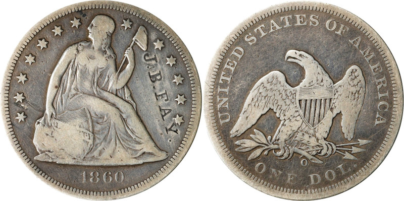 J.B. FAY. on the obverse of an 1860-O Liberty Seated silver dollar. Brunk-Unlist...