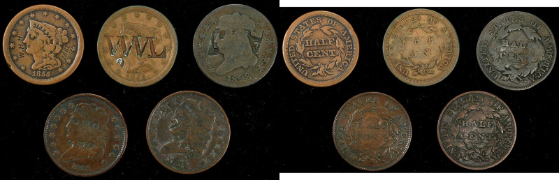 Lot of (5) Counterstamped Half Cents.

Host coins include: (3) Classic Head ha...