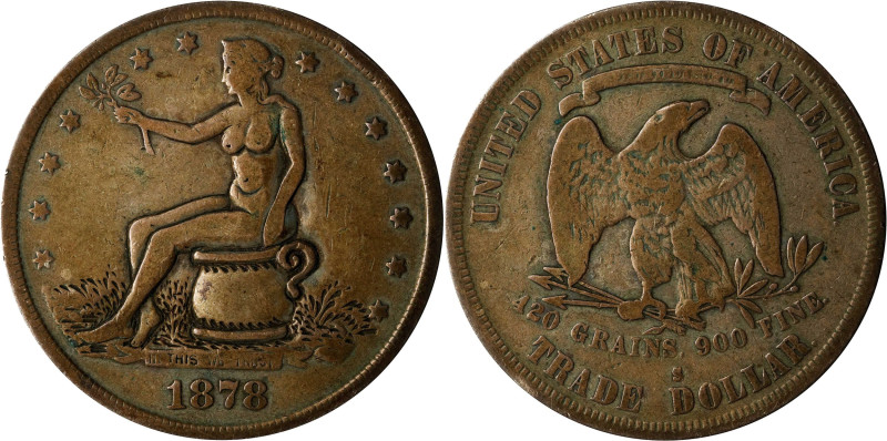 1878-S "Potty" Trade Dollar. Host coin Fine.

Liberty is nude and sitting on a...