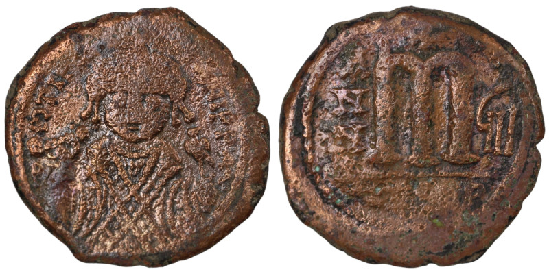 Maurice Tiberius. (582-602 AD). Follis. (29mm, 12,46g) Theoupolis. Obv: bust of ...