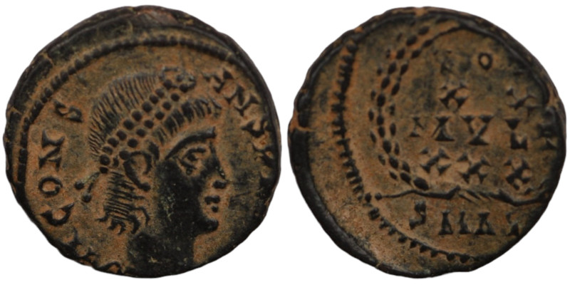 Constans. (347-348 AD). Æ Follis. (15mm, 2,23g) Nicomedia. Obv: D N CONSTANS P F...