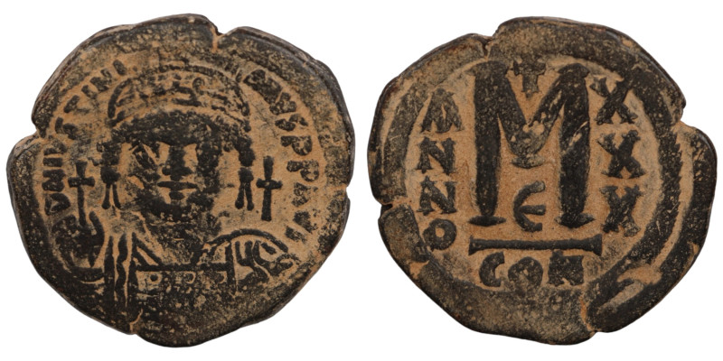 Justinian I. (527-565 AD) Æ Follis. (30mm, 15,59g) Constantinople. Obv: crowned ...