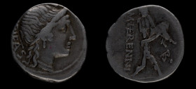 108-107 a. C. Herennia. Ag. 3,83 g.  Cabeza de Pietas a la derecha, con stephane; P [IETAS] hacia abajo / Amphinomus corriendo a la derecha, llevando ...