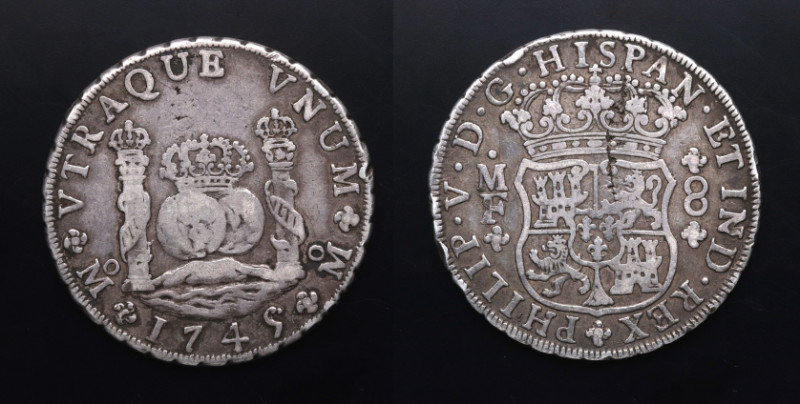 1745. Felipe V (1700-1746). México. 8 reales. MF. A&C 1468. Ag. 26,67 g. MBC-. E...