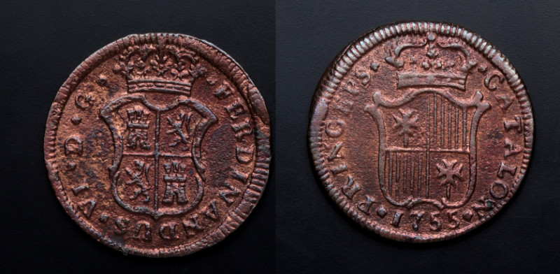 1755. Fernando VI (1746-1759). Barcelona. Ardit. A&C 2. Cu. 2,47 g. Buen ejempla...