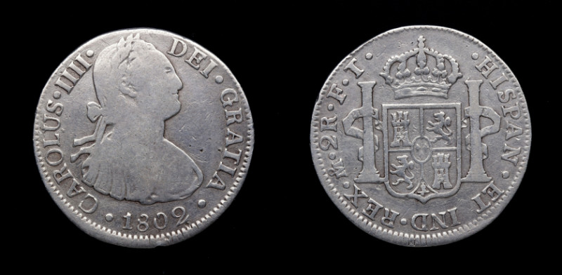 1802. Carlos IV (1788-1808). México. 2 Reales. FT. A&C 640. Ag. 6,46 g. MBC-. Es...