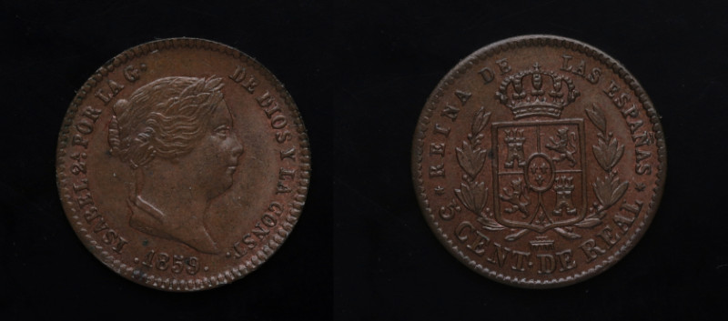 1859. Isabel II (1833-1868). Segovia. 5 céntimos de real. A&C 164. Cu. 2,02 g. E...