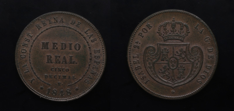 1848. Isabel II (1833-1868). Madrid. 1/2 real (5 decimas). Cu. 18,55 g. Buen eje...