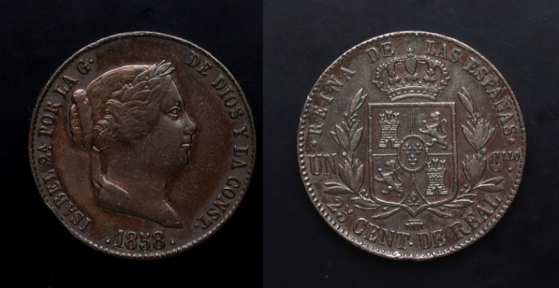 1858. Isabel II (1833-1868). Segovia. 25 céntimos de real. A&C 191. Cu. 9,83 g. ...