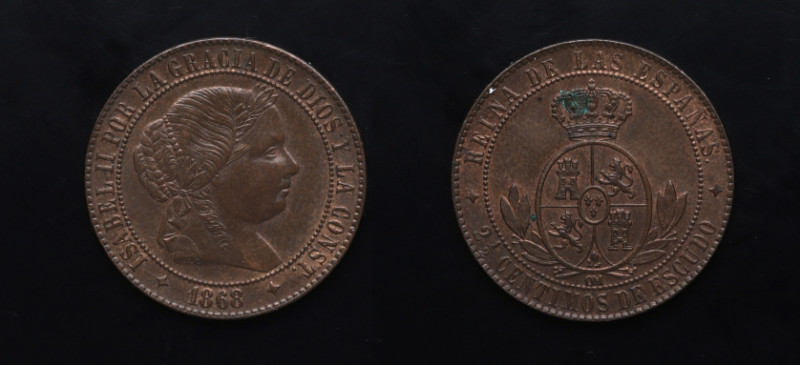 1868. Isabel II (1833-1868). Jubia. 2,5 Céntimos de Escudo. OM. A&C 237. Cu. 6,2...