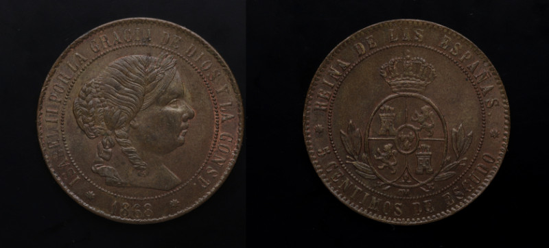 1868. Isabel II (1833-1868). Barcelona. 5 céntimos de escudo. OM. A&C 246. Cu. 1...