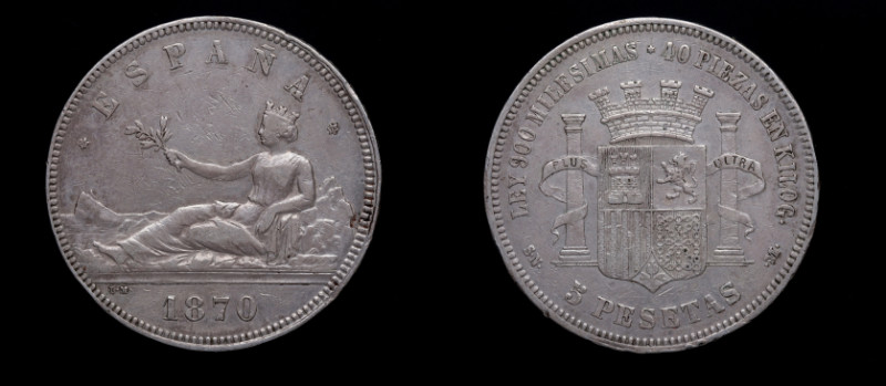 1870*70. I República (1868-1871, 1873-1874). 5 pesetas. SNM. A&C 39. Ag. 24,81 g...