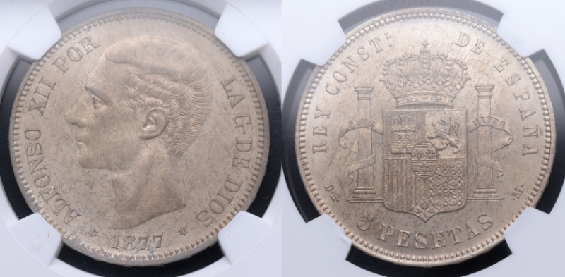 1877*77. Alfonso XII (1874-1885). 5 pesetas. DEM. A&C 38. Ag. Encapsulada por NG...