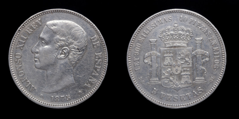 1875*75. Alfonso XIII (1886-1931). 5 pesetas. DEM. A&C 35. Ag. 24,99 g. MBC+/ MB...