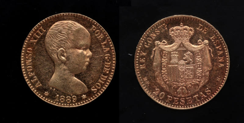 1889*89. Alfonso XIII (1886-1931). 20 pesetas. MPM. A&C 113. Au. 6,45 g. Muy bel...