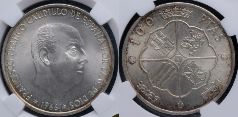 1966*68. Franco (1939-1975). 100 pesetas. A&C 147. Ag. Encapsulada por NN COINS ...