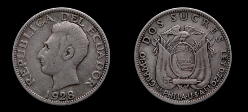 1928. Ecuador. 2 sucres . Ag. 9,74 g. MBC+. Est.25.