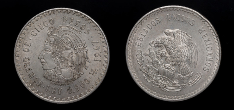 1947. México. México. 5 pesos. KM# 465. Ag. 30,00 g. 30 GRAMOS CINCO PESOS LEY 0...