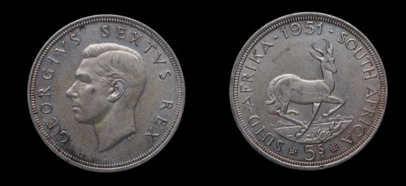 1951. Sudáfrica. Pretoria. 5 chelines (schilling). KM# 40.2. Ag. 28,27 g. SC-. E...