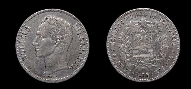 1935. Venezuela. Filadelfia. 5 bolívares. Y# 24.2. Ag. 25,00 g. EBC. Est.50.