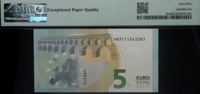 2013. España. Serie VB. Draghi. 5 euros. Pick# 20v. Certificado por PMG en 65 EP...