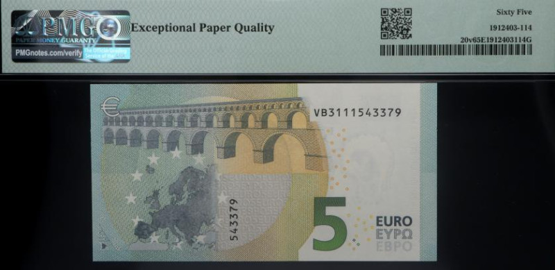 2013. España. Serie VB. Draghi. 5 euros. Pick# 20v. Certificado por PMG en 65 EP...