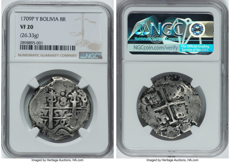 Philip V Cob 8 Reales 1709 P-Y VF20 NGC, Potosi mint, KM31, Cal-1545. 26.33gm. A...