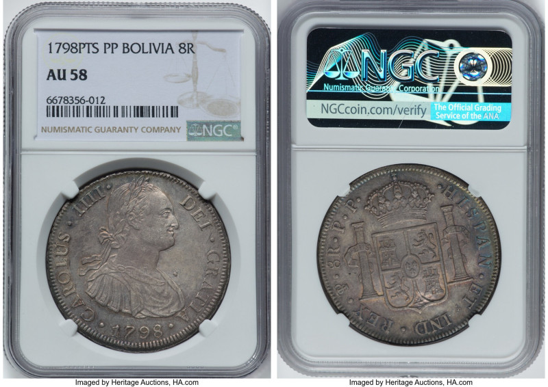 Charles IV 8 Reales 1798 PTS-PP AU58 NGC, Potosi mint, KM73, Cal-1002. Virtually...