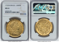 João V gold 12800 Reis (Dobra) 1732-M MS61 NGC, Minas Gerais mint, KM139, LMB-288. The largest gold type of the Brazilian duodecimal system and the se...