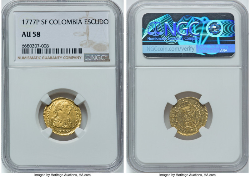 Charles III gold Escudo 1777 P-SF AU58 NGC, Popayan mint, KM48.2, Cal-1420. HID0...