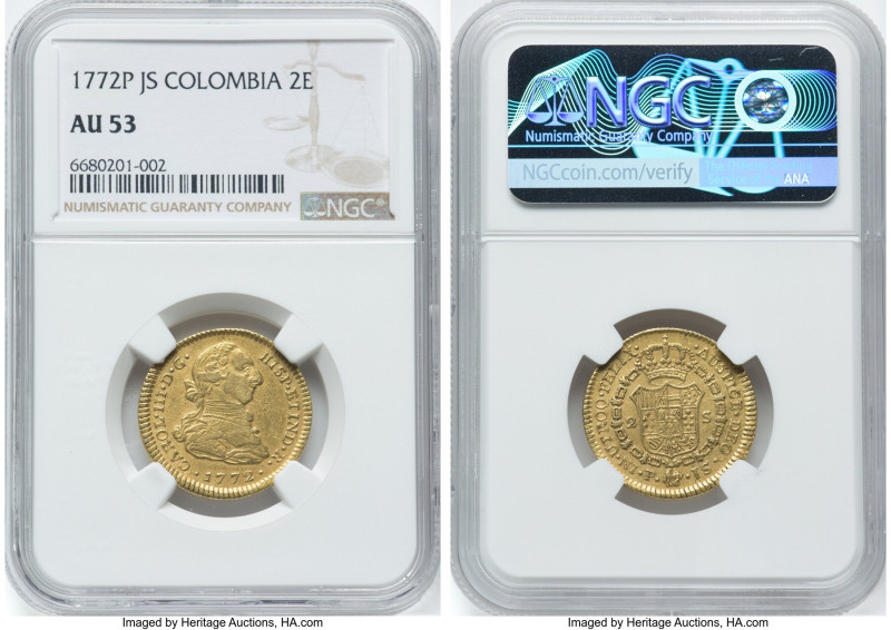 Charles III gold 2 Escudos 1772 P-JS AU53 NGC, Popayan mint, KM49.2, Cal-1627. F...