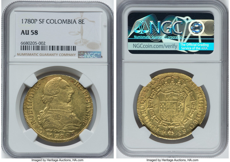 Charles III gold 8 Escudos 1780 P-SF AU58 NGC, Popayan mint, KM50.2, Cal-2048. M...